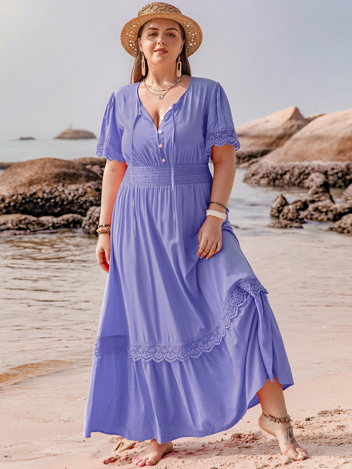 Indigo Lace Detail Tie Neck Maxi Dress