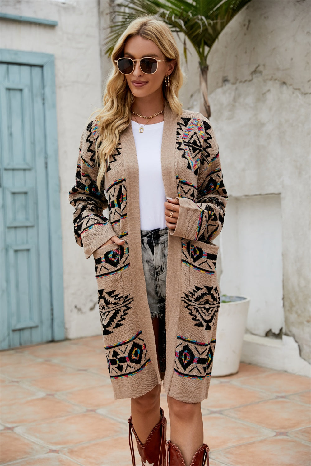 Sonora Geometric Open Front Cardigan with Pockets