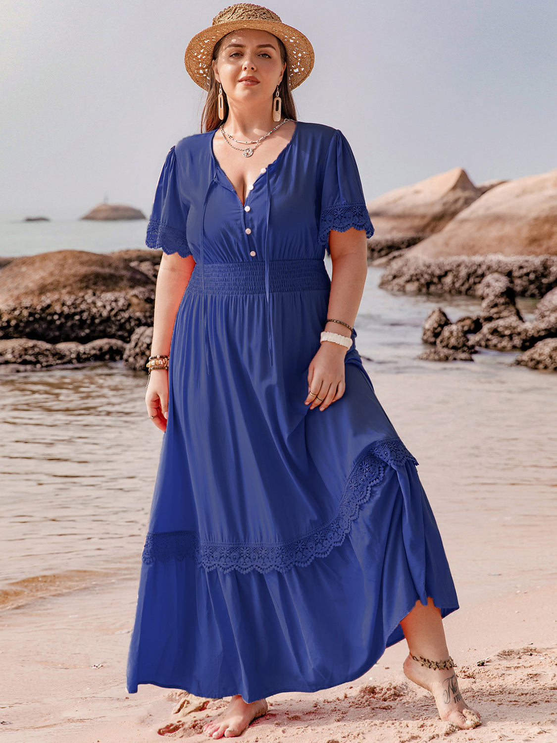 Indigo Lace Detail Tie Neck Maxi Dress