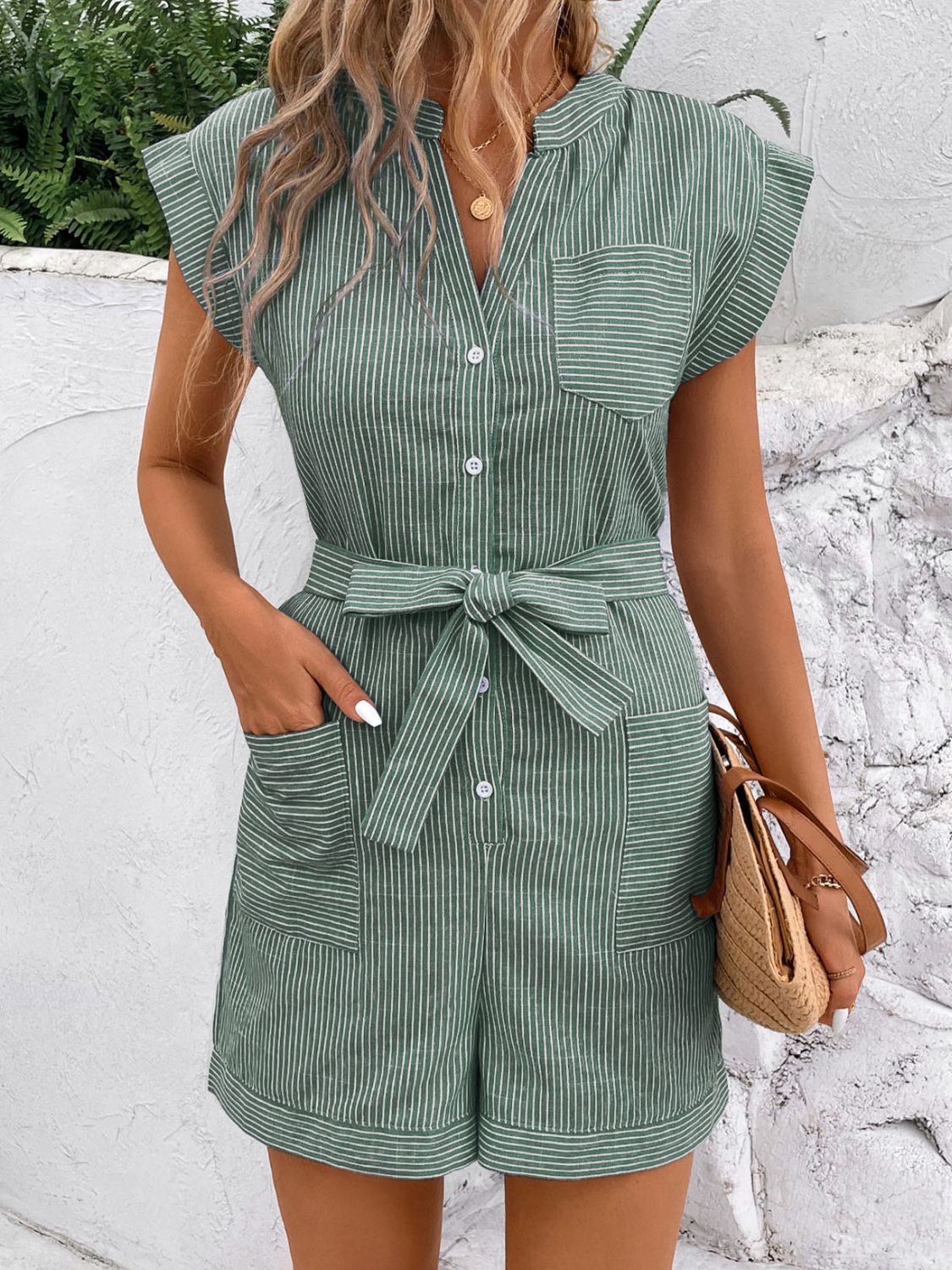 Coastal Charm Striped Notched Romper