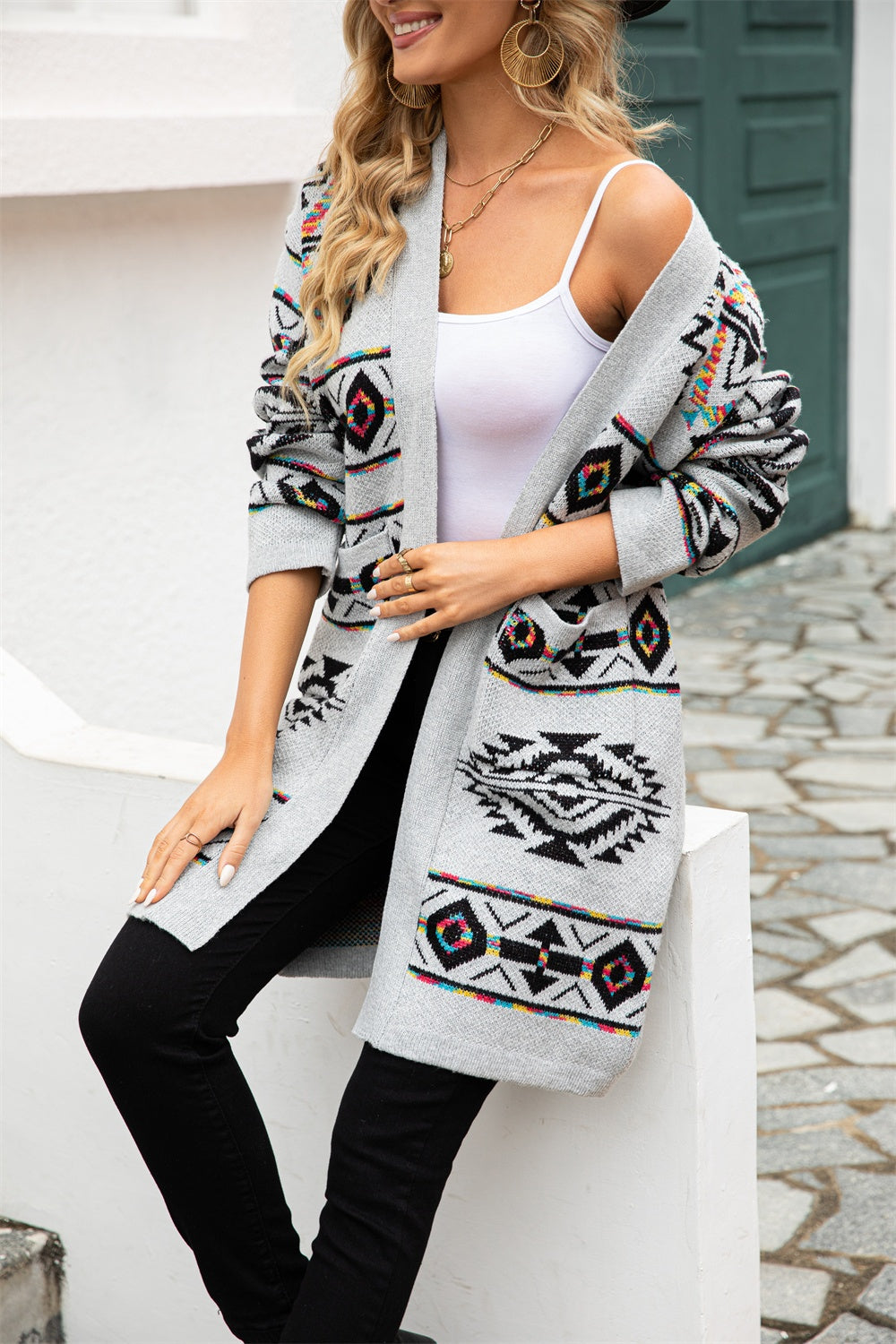 Sonora Geometric Open Front Cardigan with Pockets