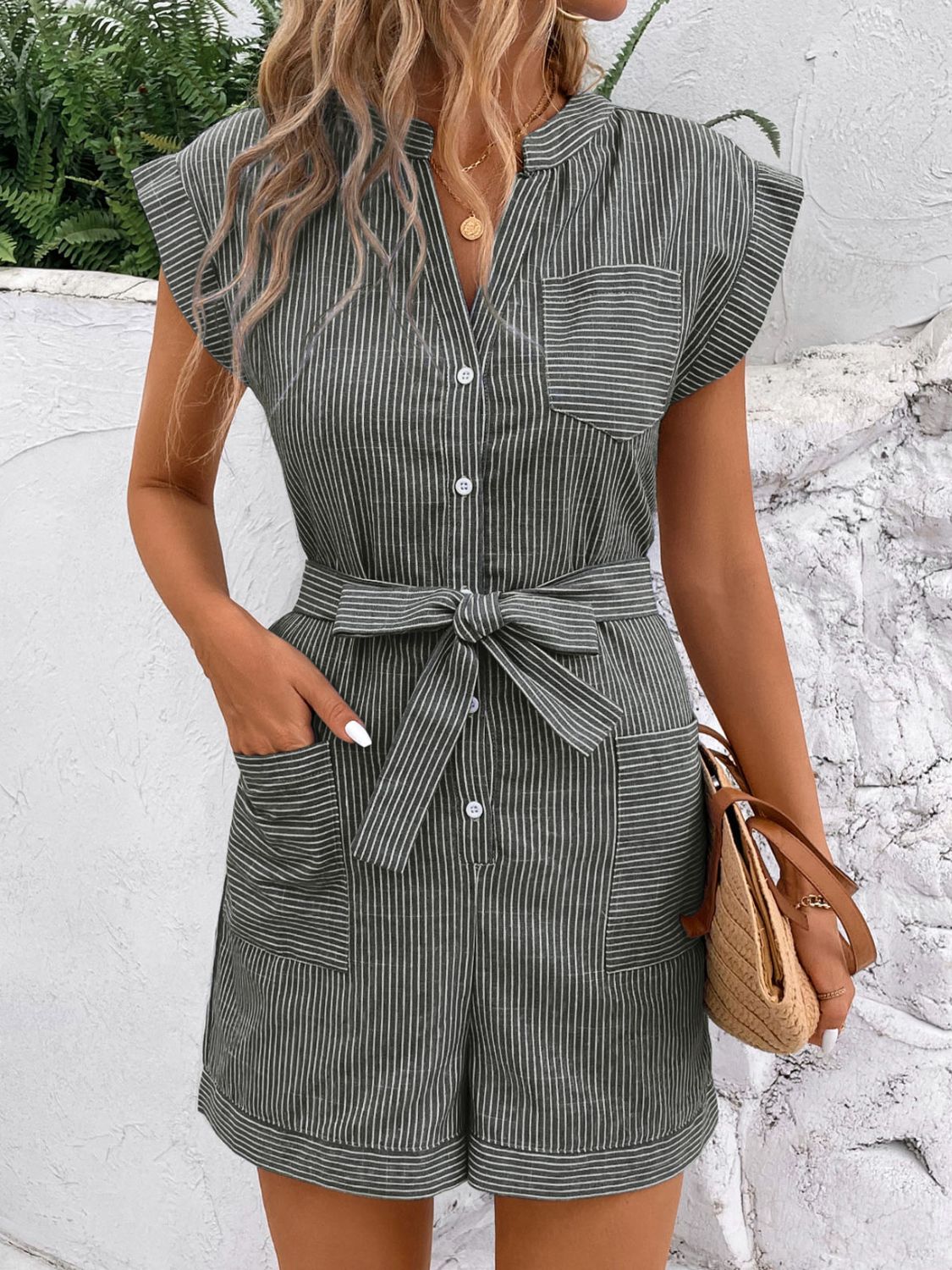 Coastal Charm Striped Notched Romper