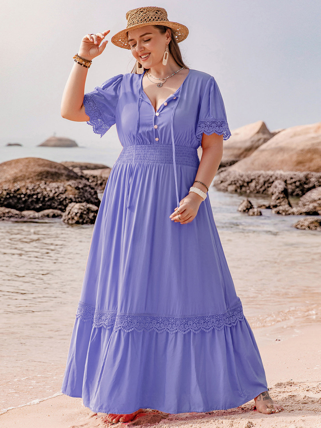 Indigo Lace Detail Tie Neck Maxi Dress