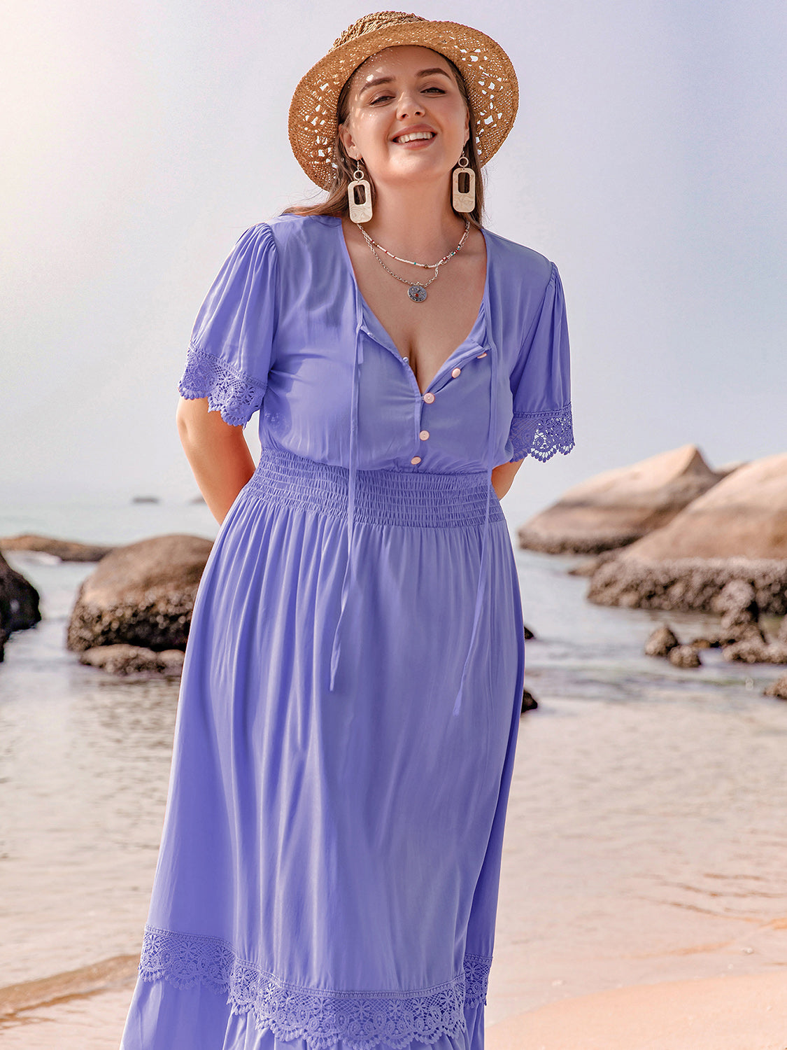 Indigo Lace Detail Tie Neck Maxi Dress