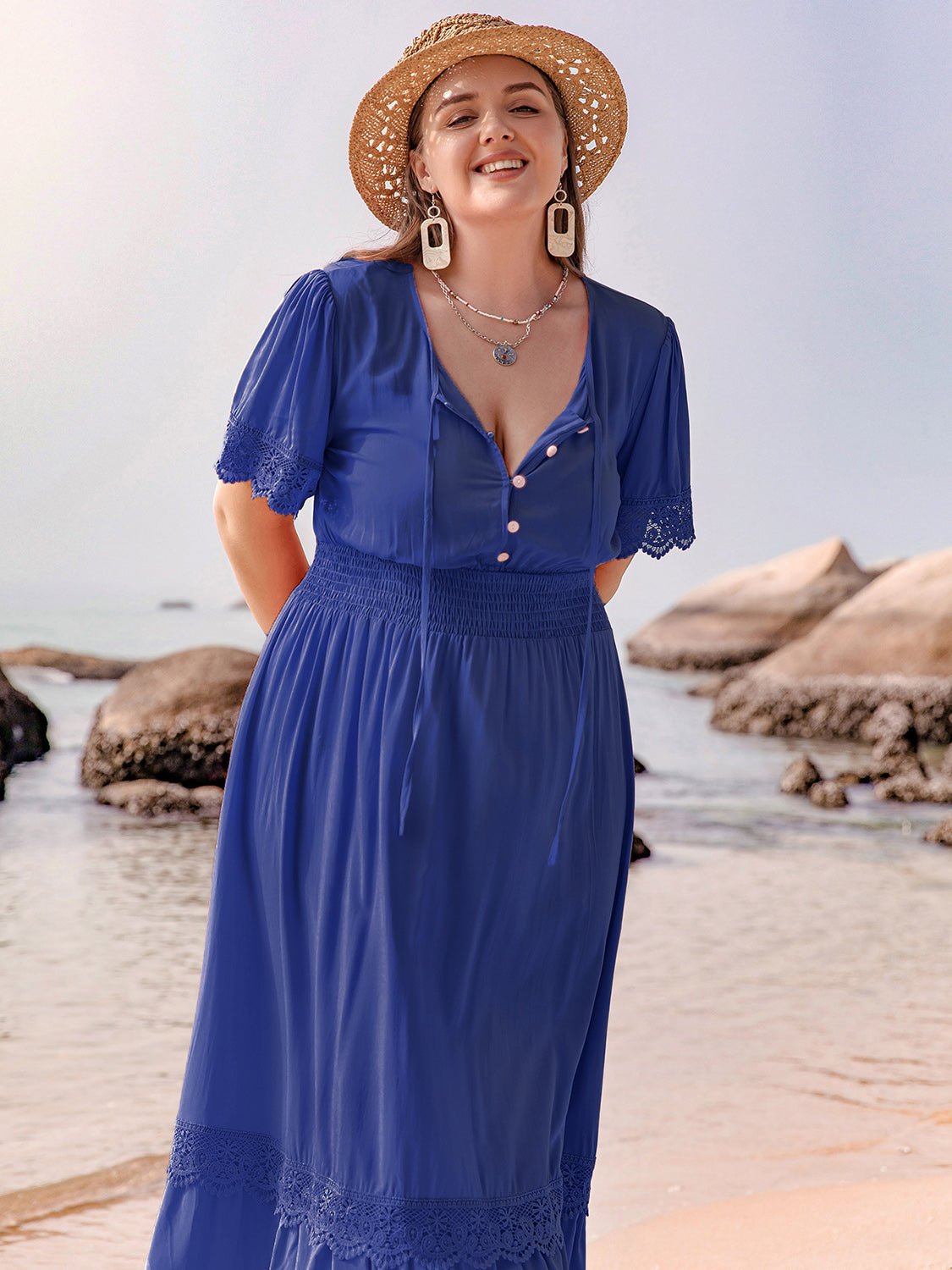 Indigo Lace Detail Tie Neck Maxi Dress