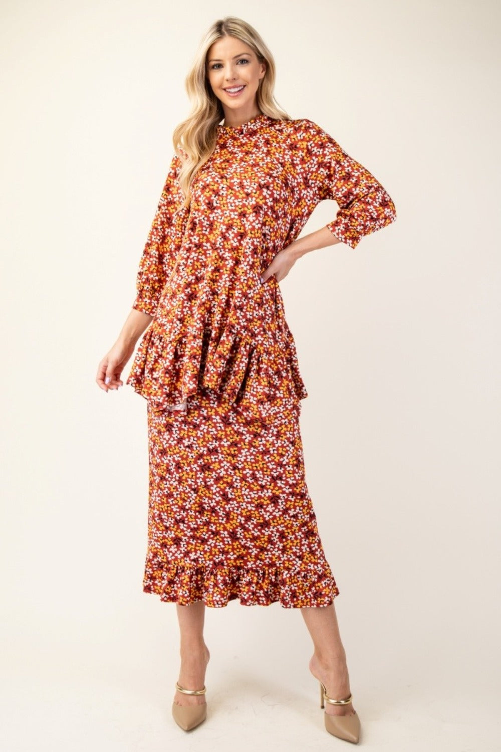 Fiorella Ruffled Floral Top and Skirt Set