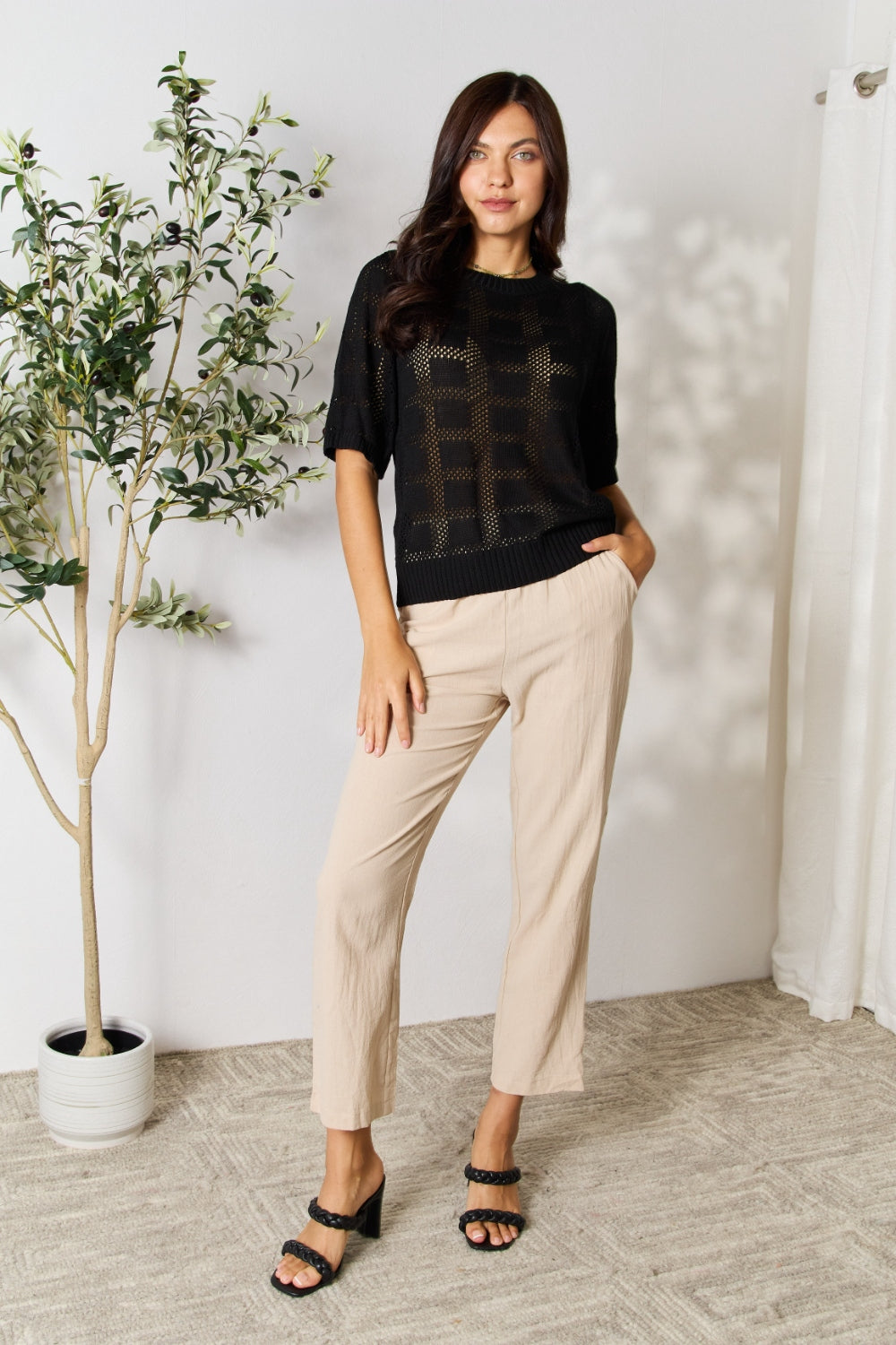 Bran Ribbed Trim Knit Top