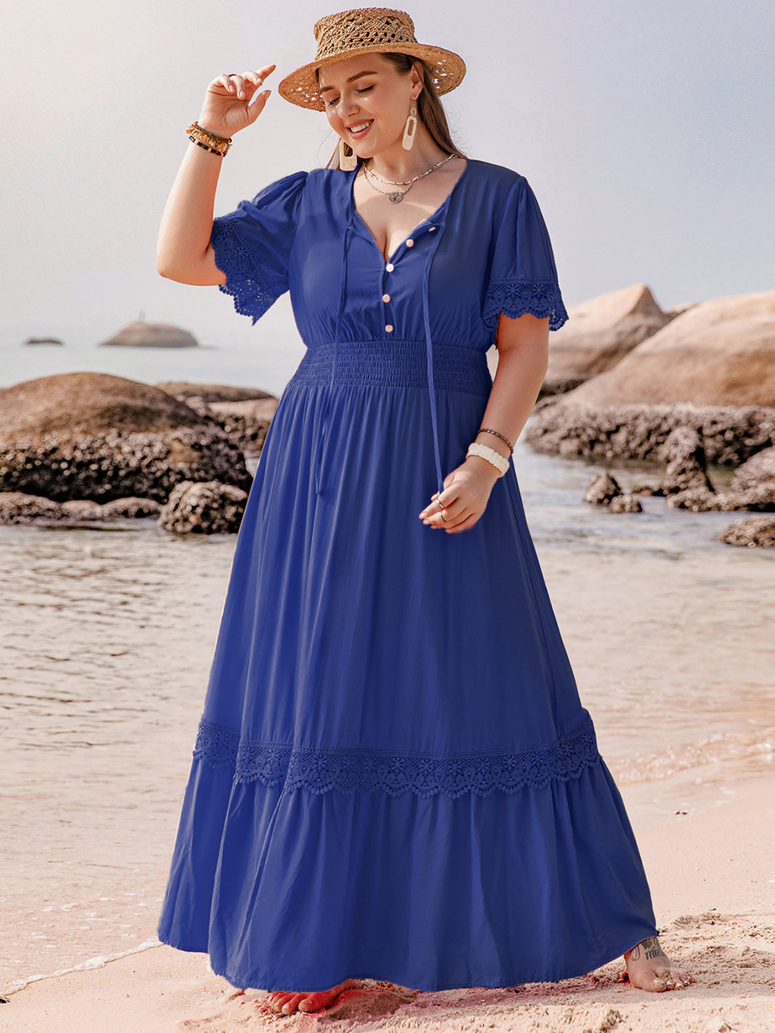 Indigo Lace Detail Tie Neck Maxi Dress