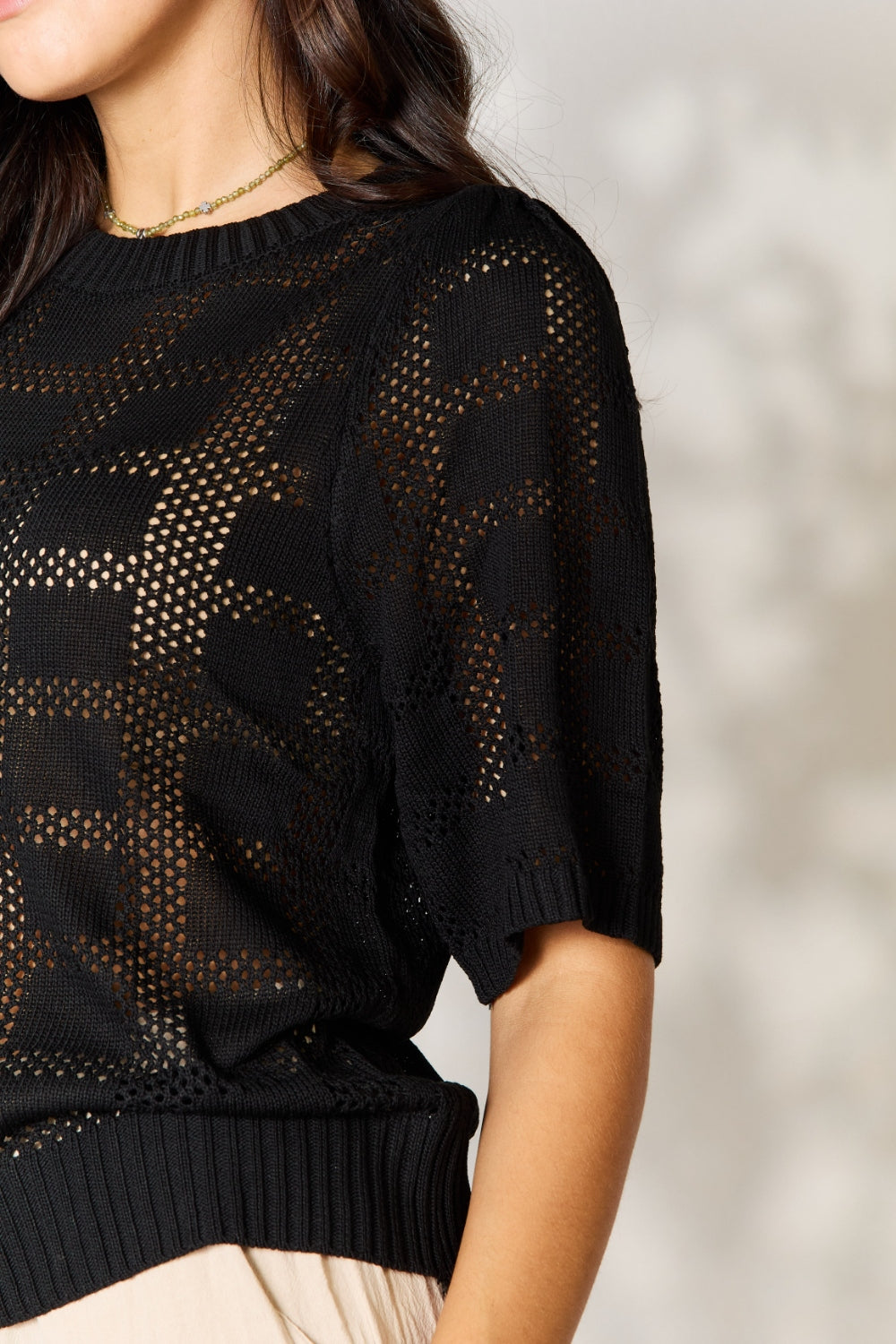 Bran Ribbed Trim Knit Top