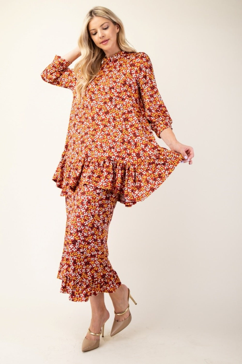 Fiorella Ruffled Floral Top and Skirt Set