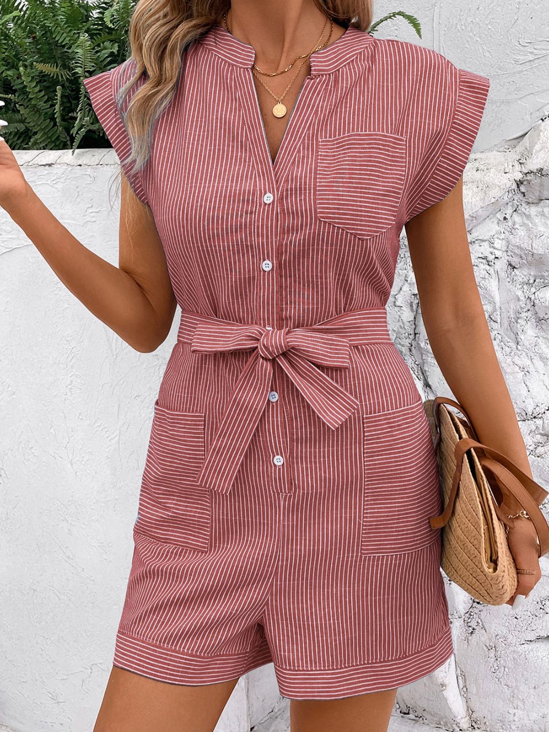 Coastal Charm Striped Notched Romper