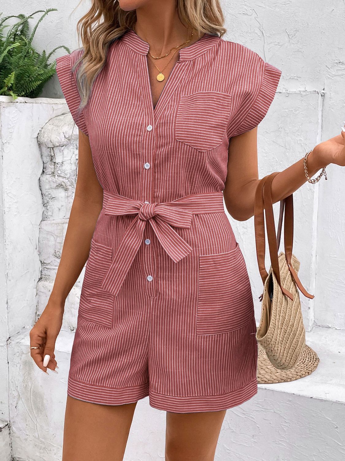 Coastal Charm Striped Notched Romper
