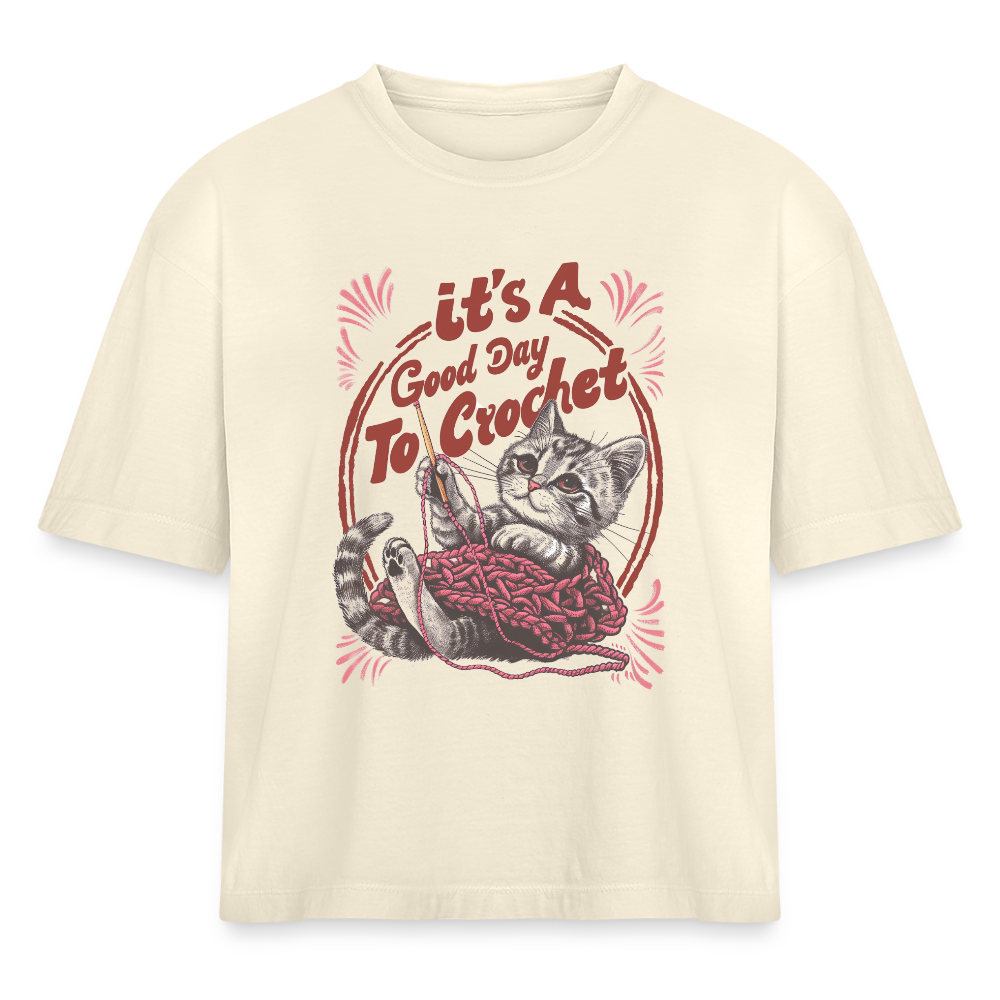 Crochet Cat Cropped Tee - ivory