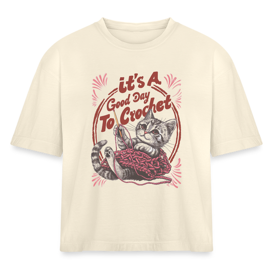 Crochet Cat Cropped Tee - ivory