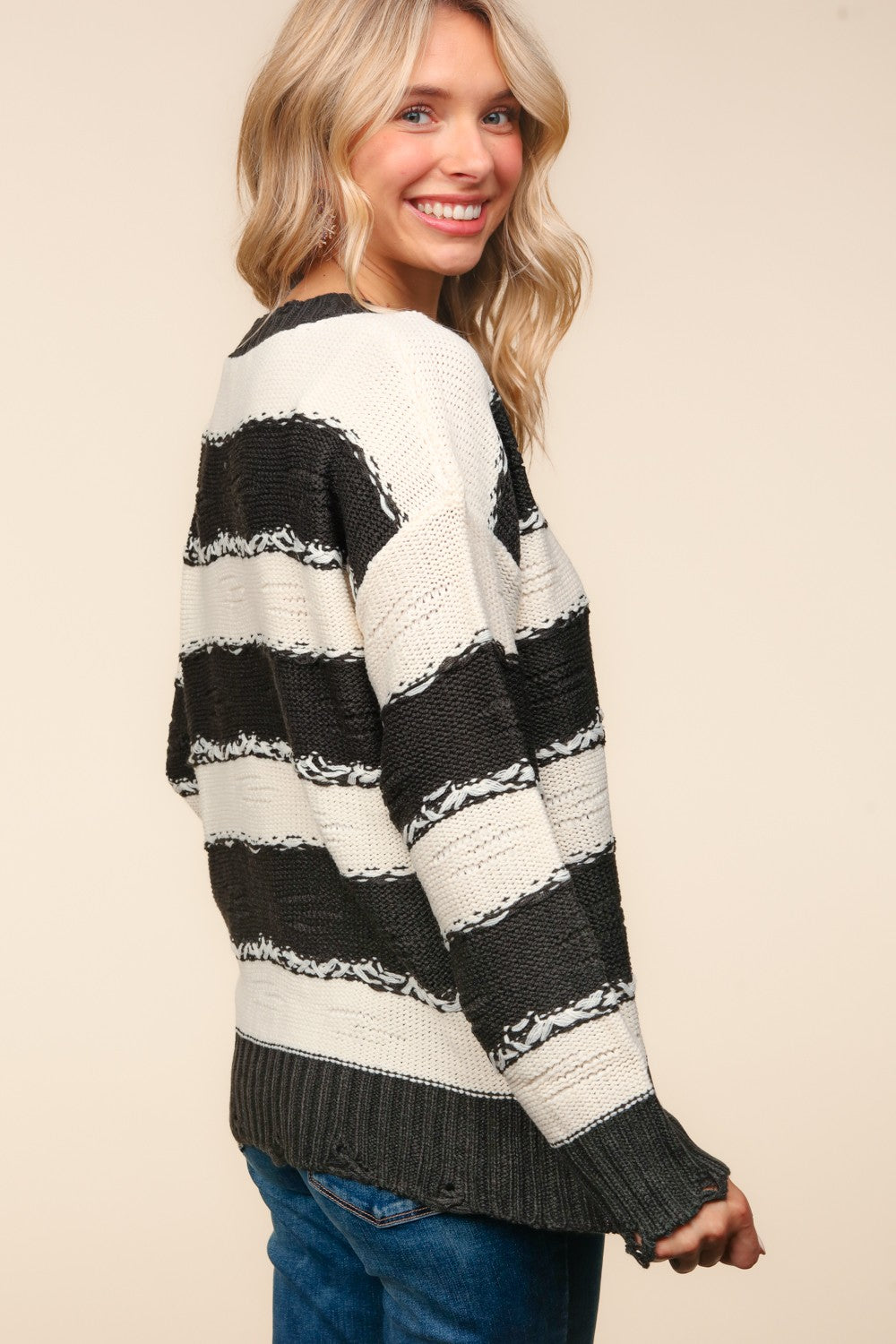 Freya Striped Contrast Distressed Sweater