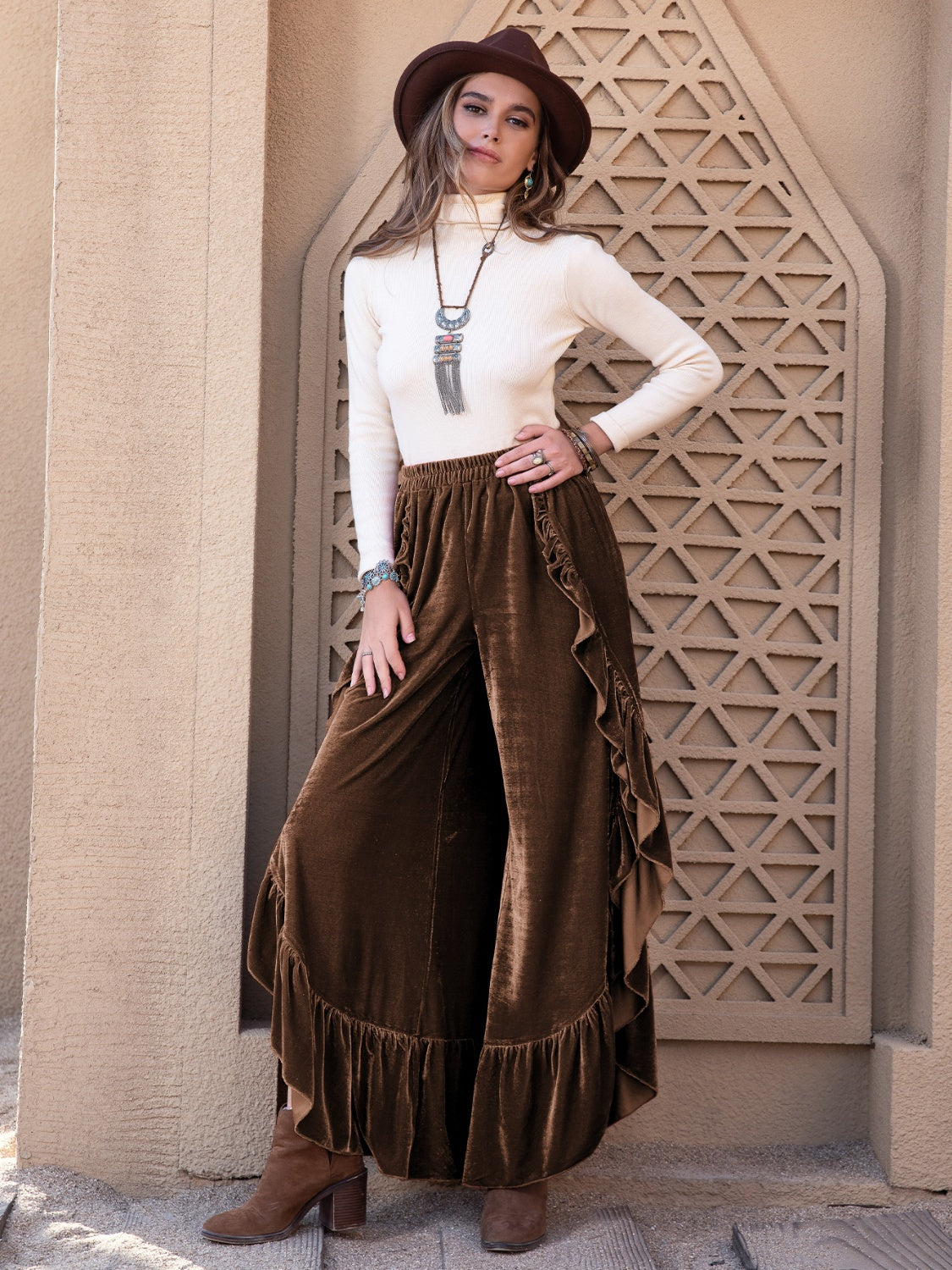 Cassia Ruffle Trim Wide-Leg Slit Pants