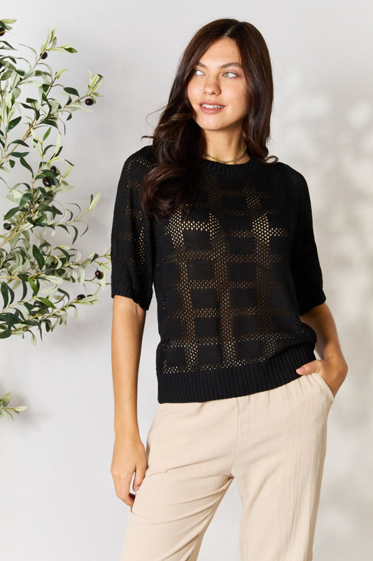 Bran Ribbed Trim Knit Top