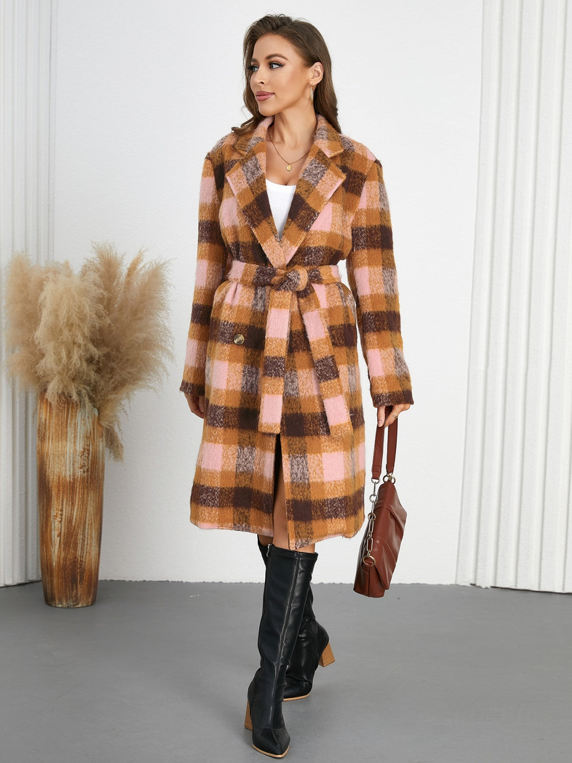 Fiorella Plaid Tie-Waist Coat