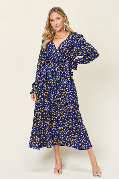 Indigo Tie Back Flounce Sleeve Dress