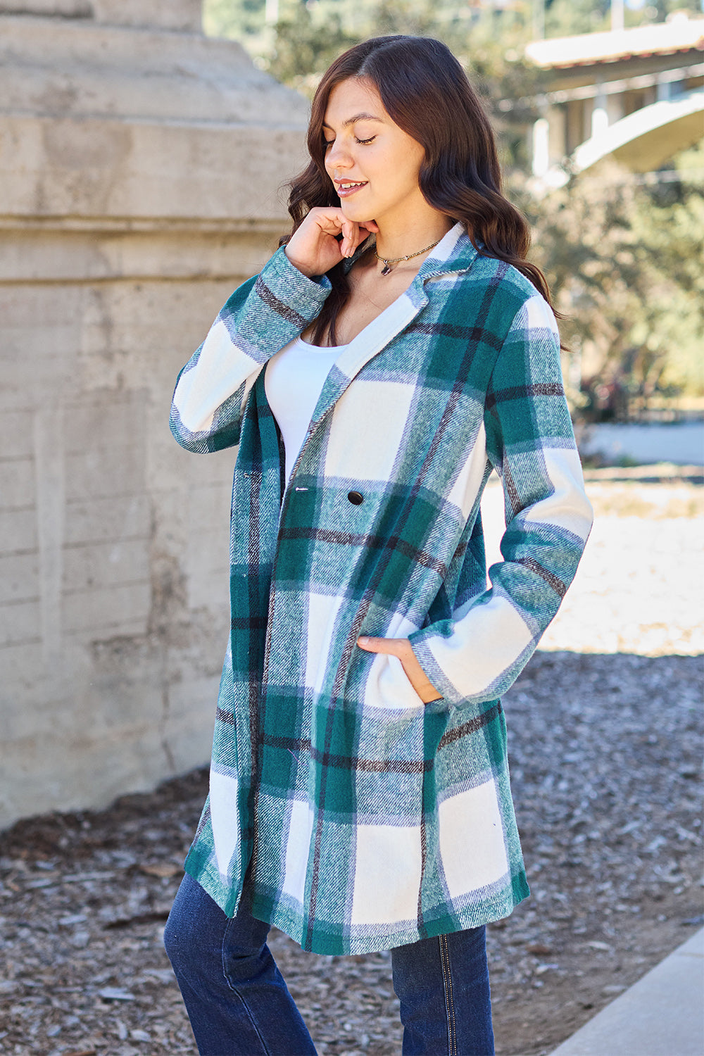 Evergreen Plaid Lapel Coat