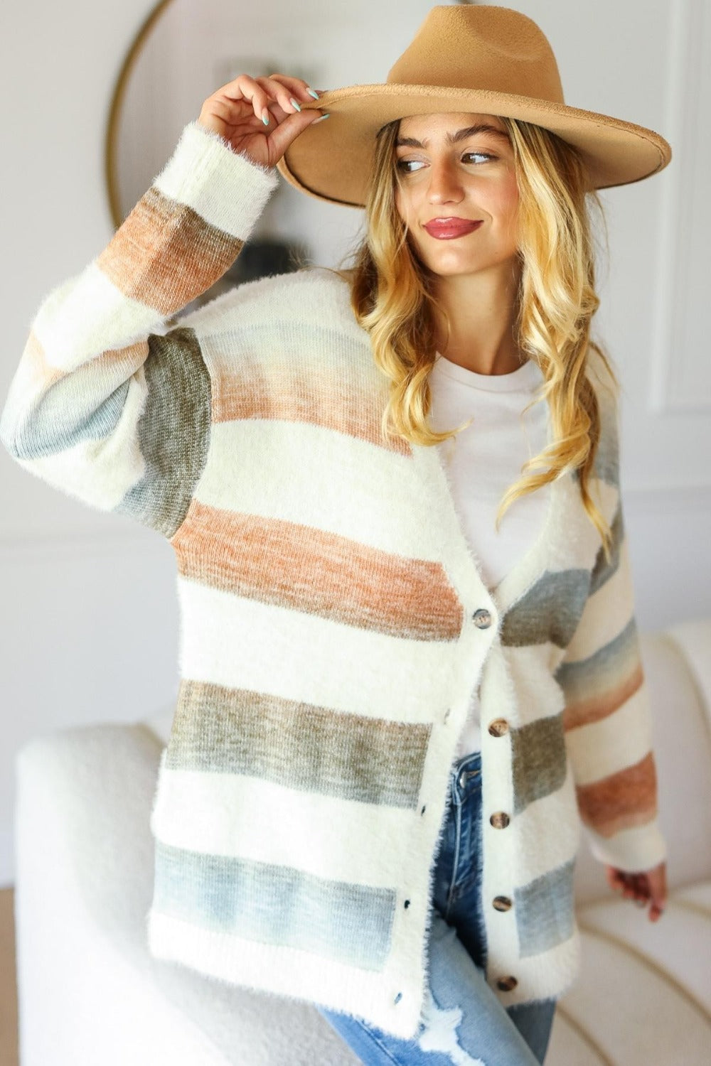 Eulalie Striped Fuzzy Cardigan