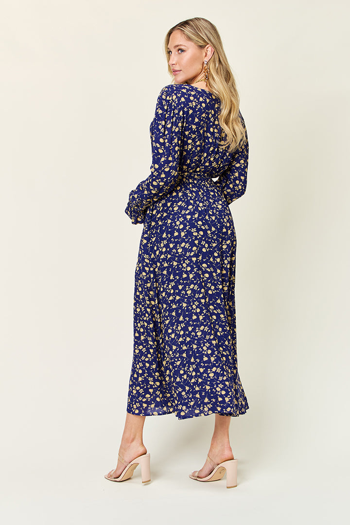 Indigo Tie Back Flounce Sleeve Dress