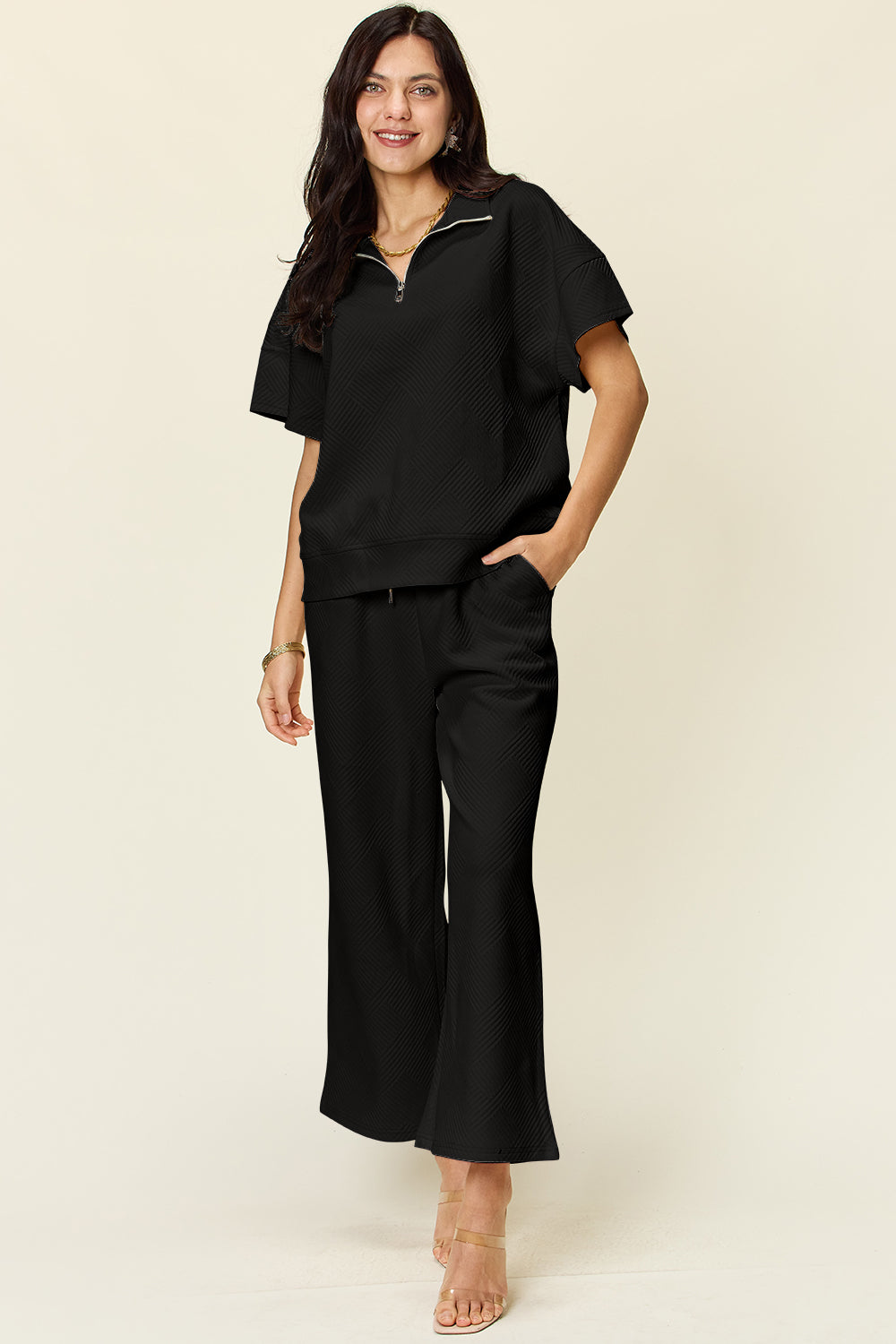 Chic Texture Half-Zip Top and Pants Lounge Set