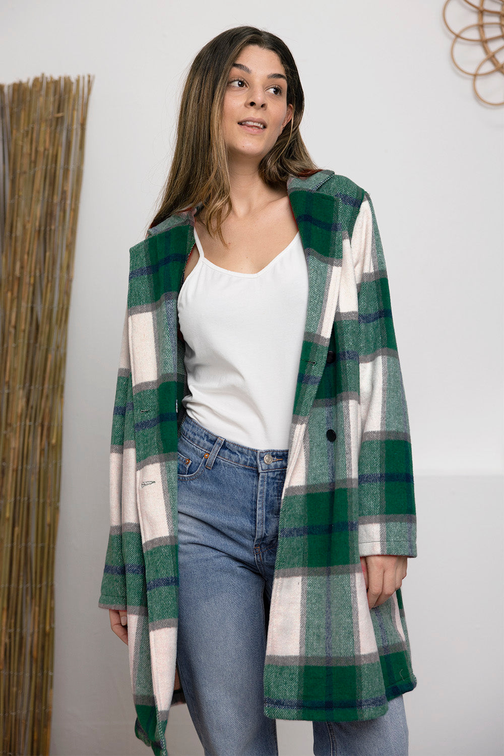 Evergreen Plaid Lapel Coat