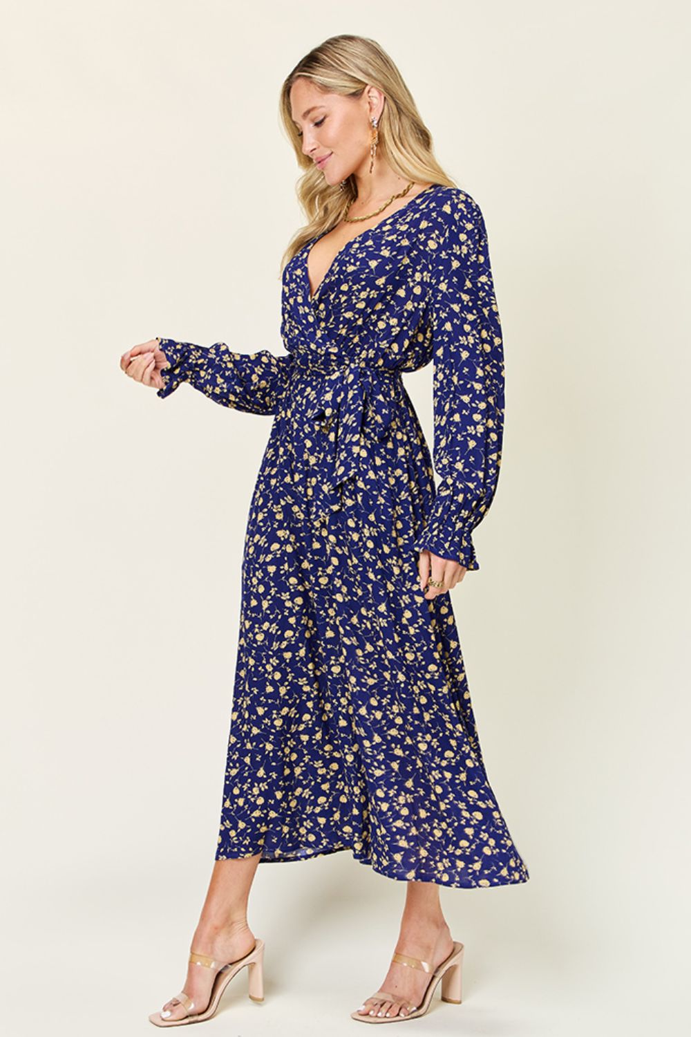 Indigo Tie Back Flounce Sleeve Dress