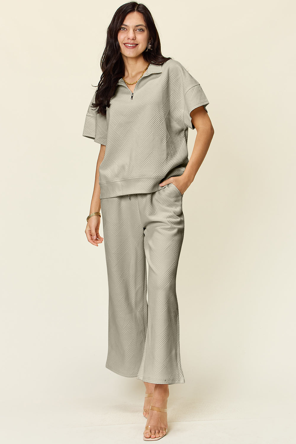 Chic Texture Half-Zip Top and Pants Lounge Set