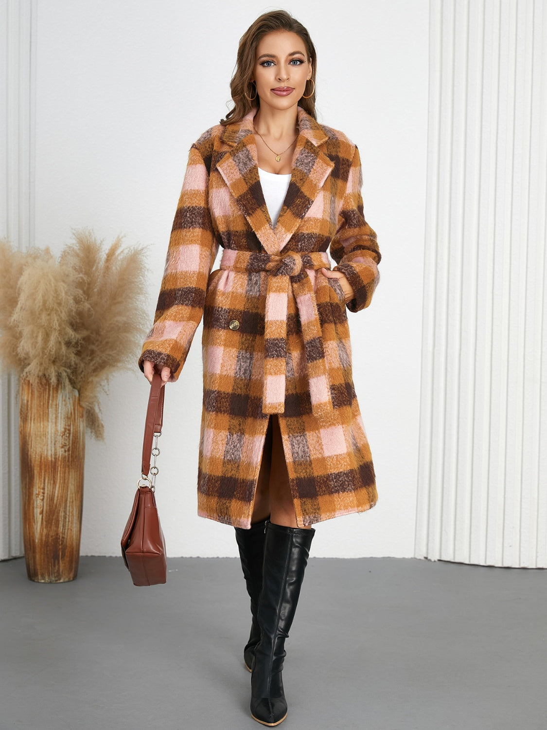 Fiorella Plaid Tie-Waist Coat