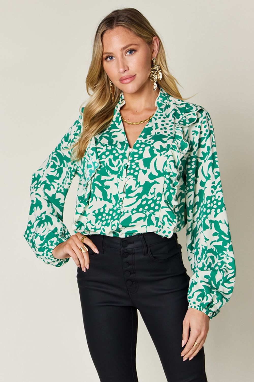 Nocturna Printed Ruffle Trim Blouse