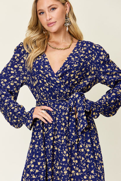 Indigo Tie Back Flounce Sleeve Dress