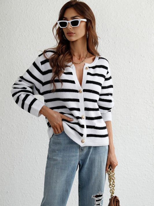 Chic Striped Button Front Cardigan